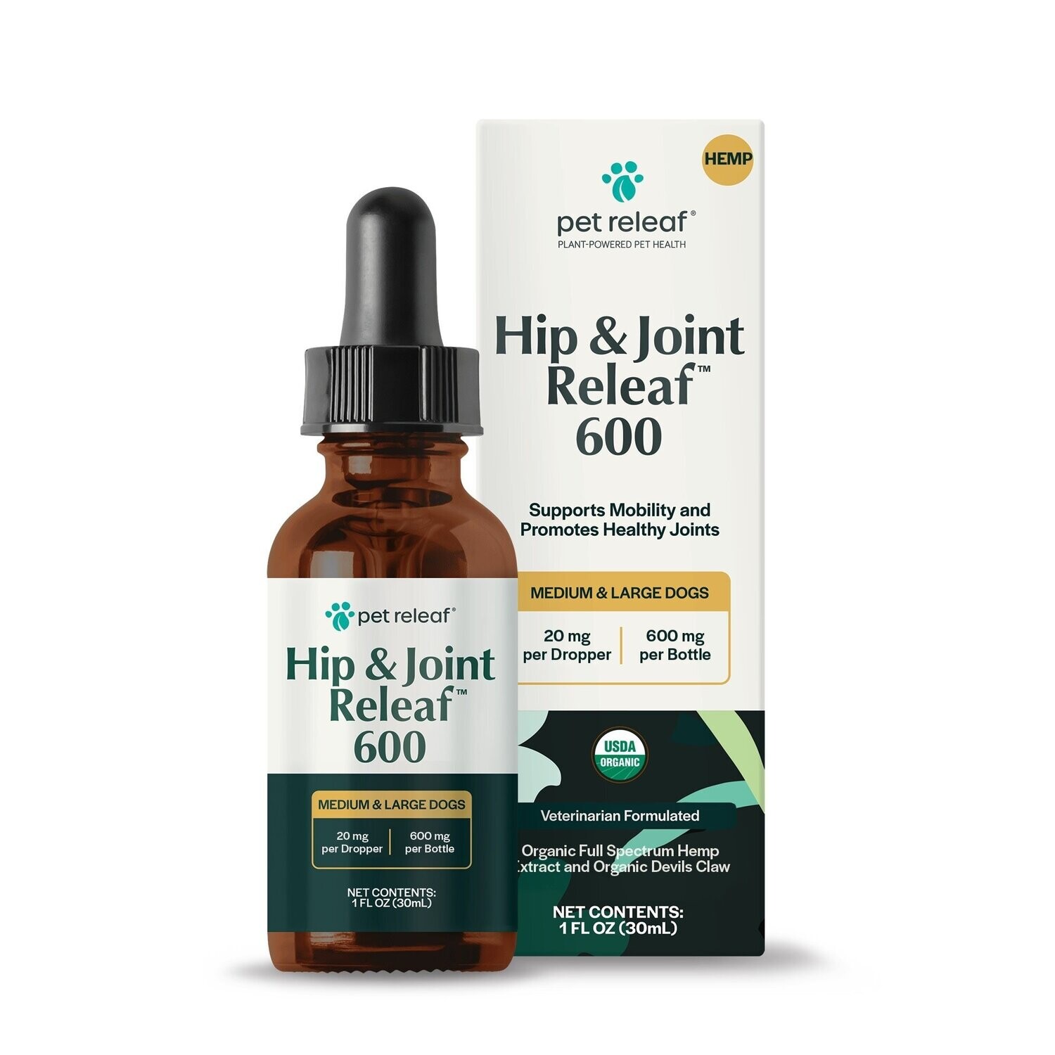 Pet Releaf Hip &amp; Joint Releaf 600 mg Hemp Oil Supports Mobility for Medium &amp; Large Dogs