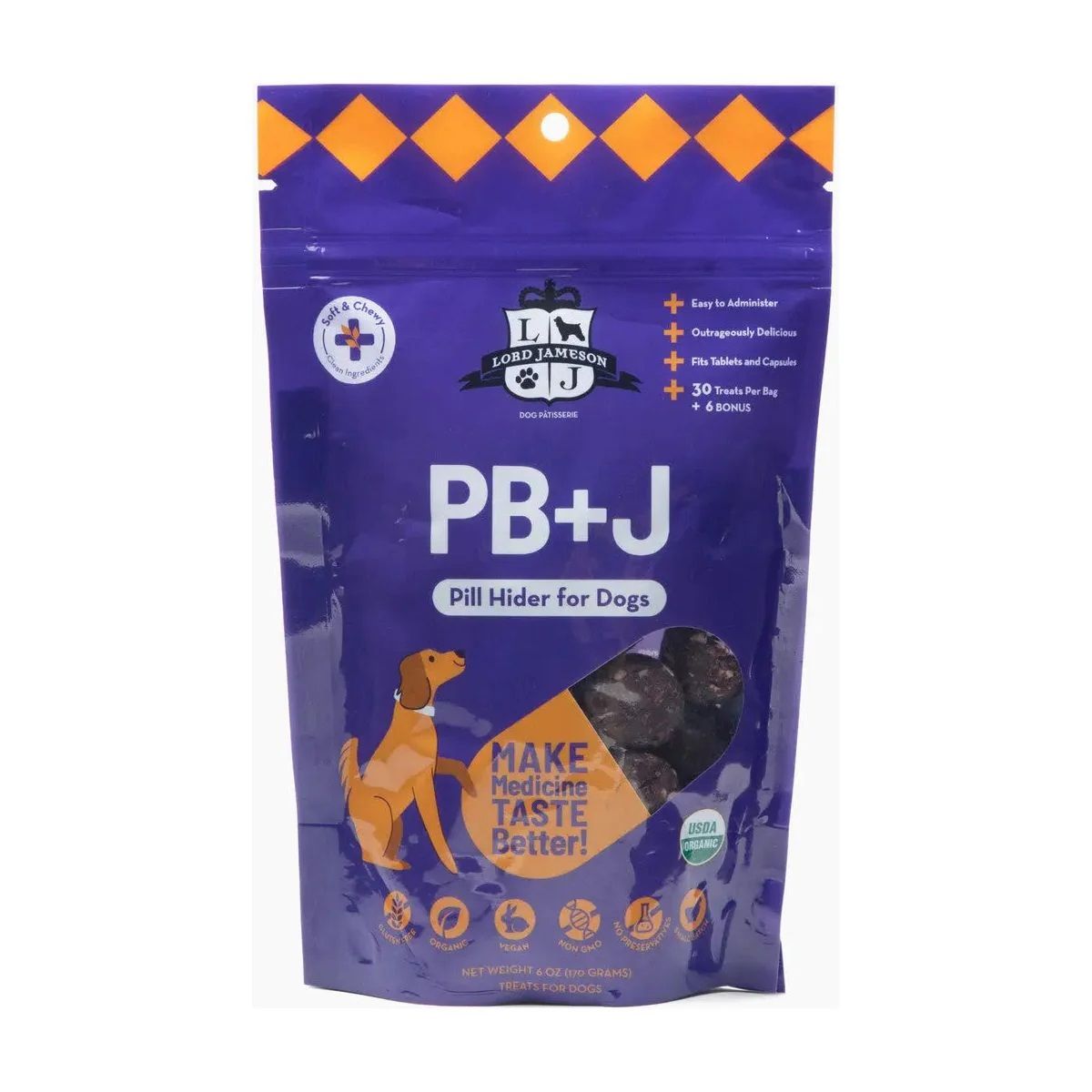 Lord Jameson Peanut Butter &amp; Jelly Pill Pocket Organic Dog Treats 6 oz