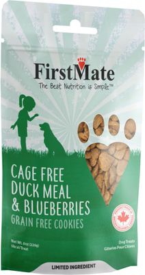 First Mate Cage Free Duck &amp; Blueberries Grain Free Cookies Limited Ingredient Dog Treats 8 oz