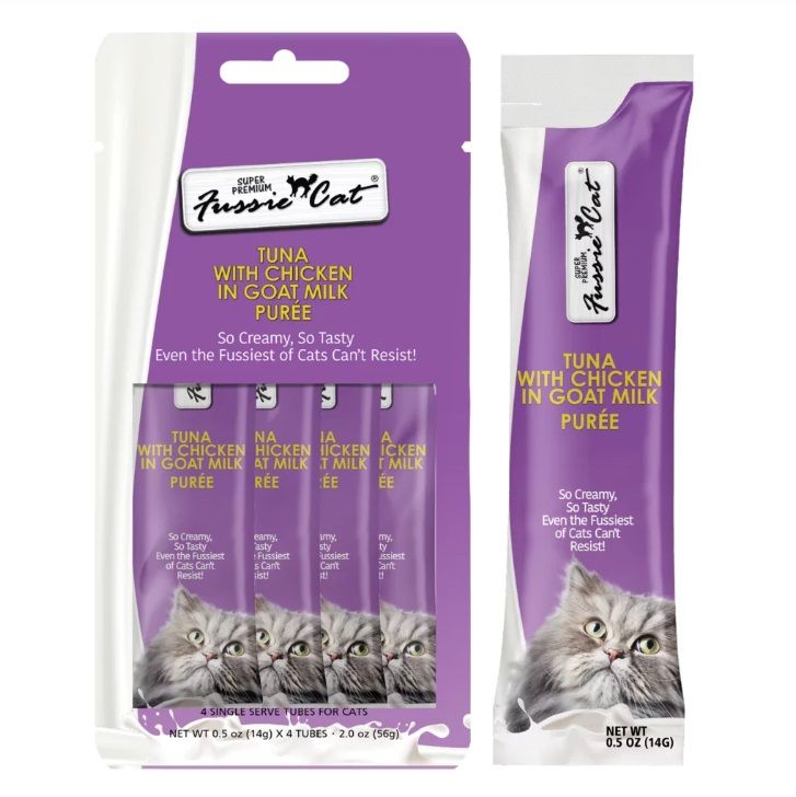 Fussie Cat Super Premium Tuna with Chicken in Goat Milk Puree 4 Tubes 2 oz