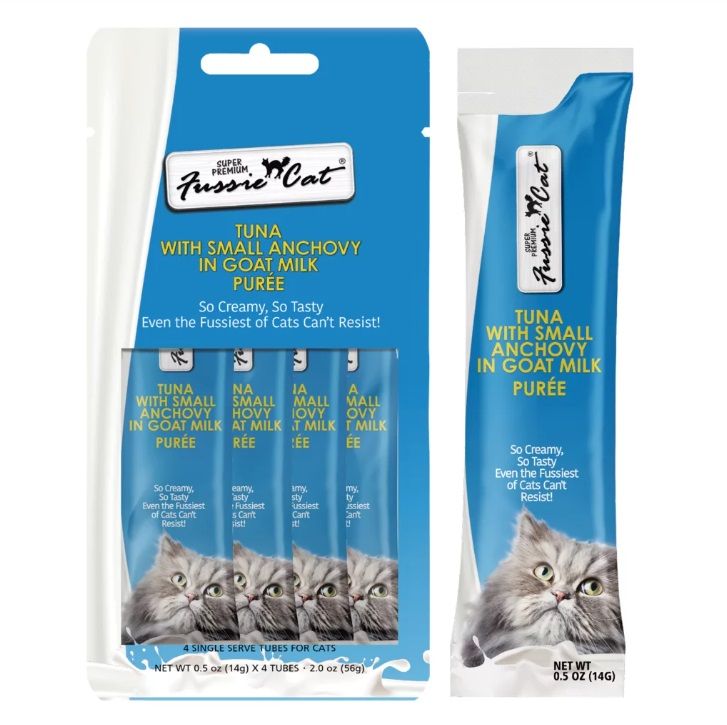 Fussie Cat Super Premium Tuna with Small Anchovies in Goat Milk Puree 4 Tubes 2 oz