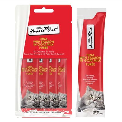 Fussie Cat Super Premium Tuna with Salmon in Goat Milk Puree 4 Tubes 2 oz