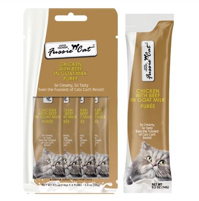 Fussie Cat Super Premium Chicken with Beef in Goat Milk Puree 4 Tubes 2 oz