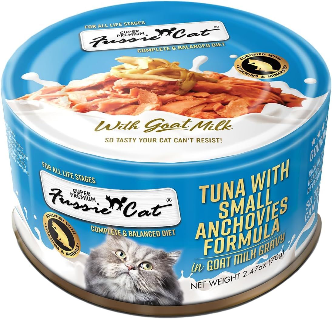Fussie Cat Can Super Premium Tuna w/Small Anchovies in Goats Milk Cat Food 2.47oz single