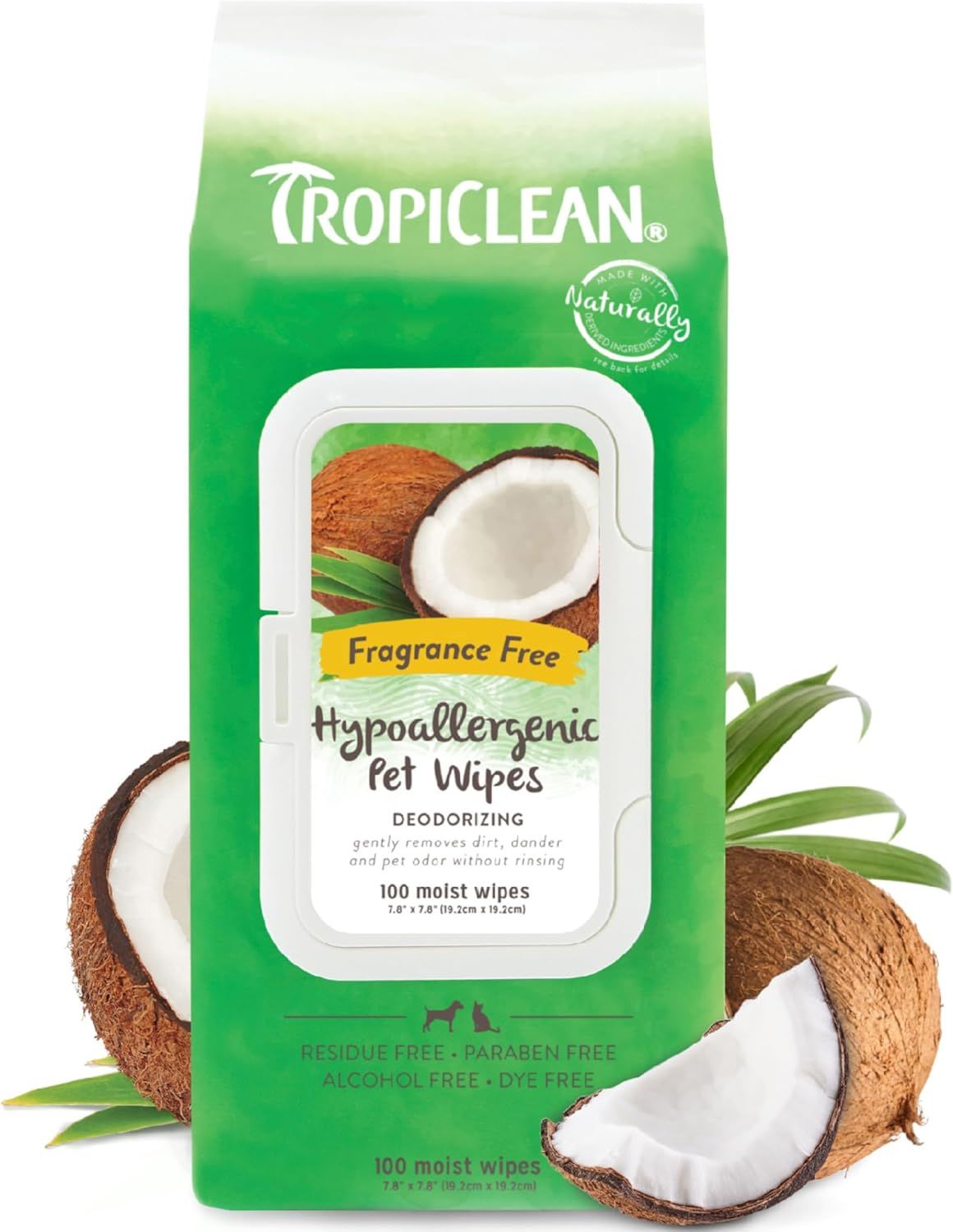 Tropiclean Fragrance Free Hypoallergenic Deodorizing Pet Wipes 100 Ct