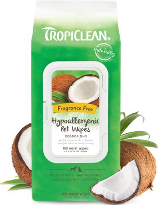 Tropiclean Fragrance Free Hypoallergenic Deodorizing Pet Wipes 100 Ct