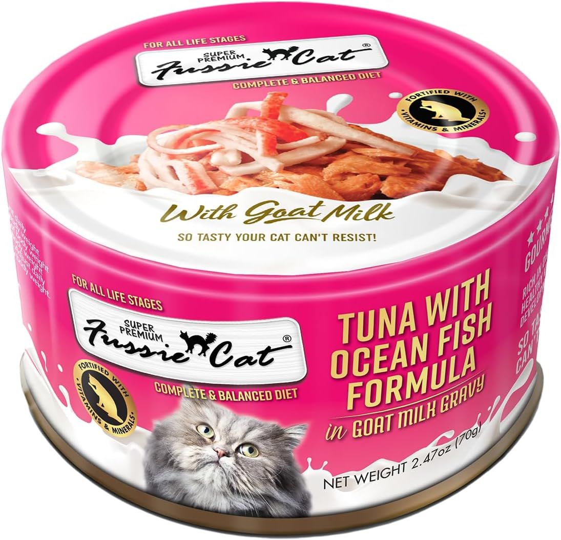 Fussie Cat Can Super Premium Tuna w/ Ocean Fish in Goats Milk Cat Food 2.47oz Case of 24