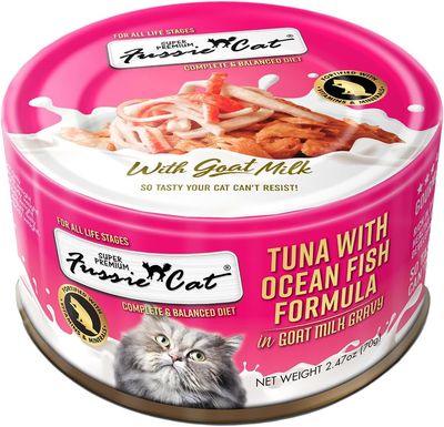 Fussie Cat Can Super Premium Tuna w/ Ocean Fish in Goats Milk Cat Food 2.47oz single