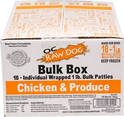 OC Raw Chicken &amp; Produce Frozen Raw Dog Food 1 Pound Patties Bulk Box 18 lbs