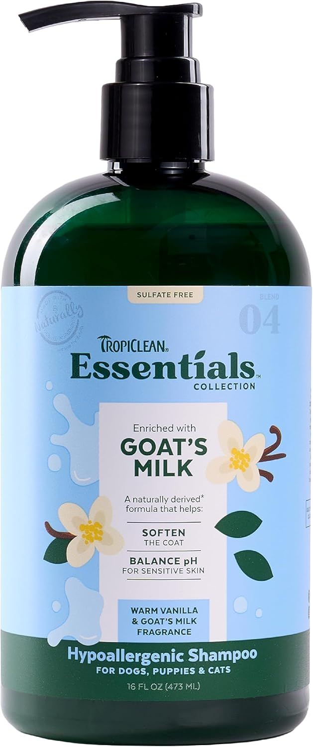 TropiClean Essentials Goat&#39;s Milk Hypoallergenic Shampoo for Dogs Puppies &amp; Cats 16 oz
