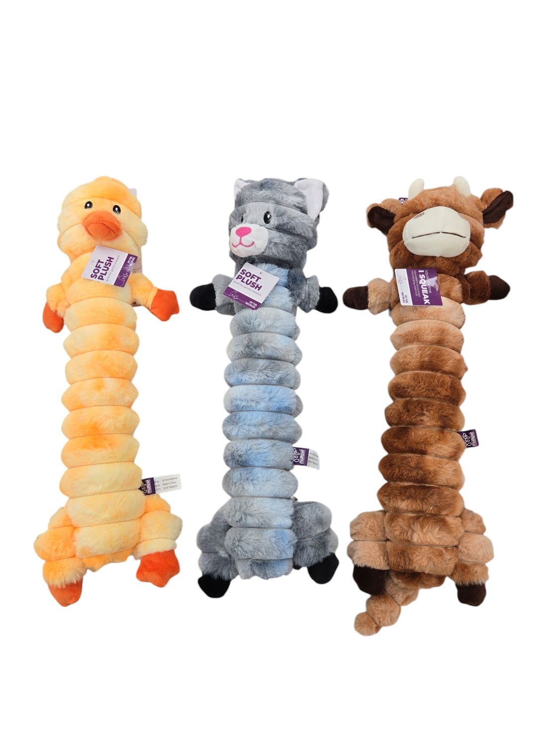 Multipet Crimpy Pals Duck, Cat, Cow, Assorted Plush Dog Toy 20 inches