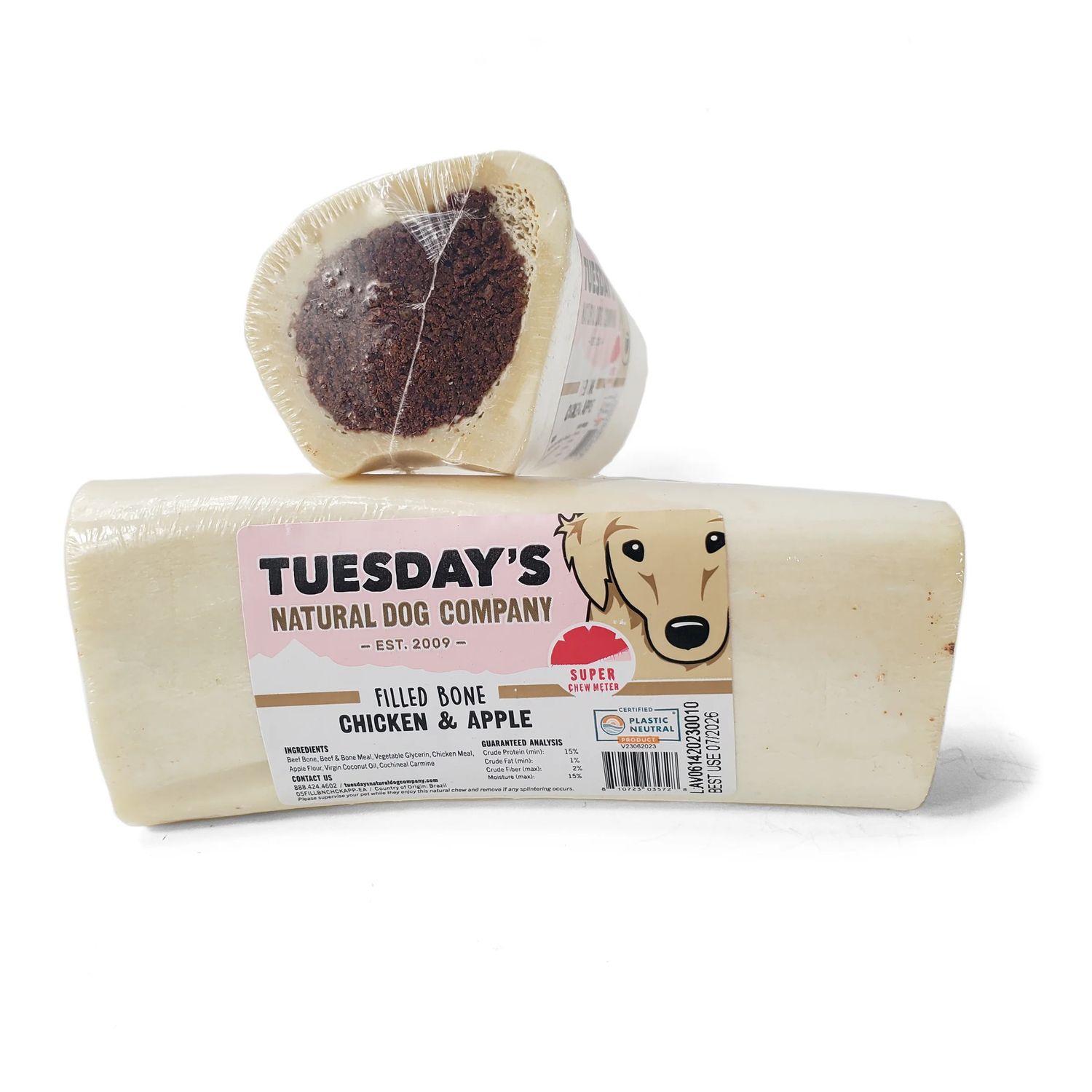 Tuesday&#39;s Natural Dog Company Stuffed Shin Bone Chicken &amp; Apple 6 inch