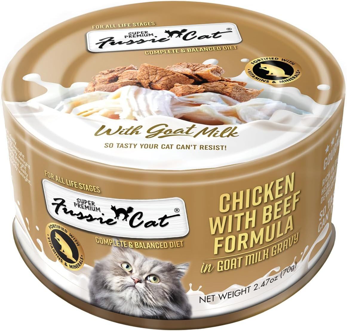Fussie Cat Can Super Premium Chicken with Beef Formula in Goat Milk 2.47oz Case of 24