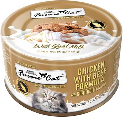 Fussie Cat Can Super Premium Chicken with Beef Formula in Goat Milk 2.47oz single