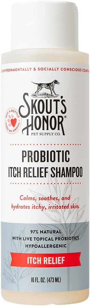 SKOUT'S HONOR Probiotic Itch Relief Shampoo for Pets - Non-Medicated, Fragrance-Free, Paraben &amp; Sulfate-Free, with Avocado Oil &amp; Omega 3's, 16 oz