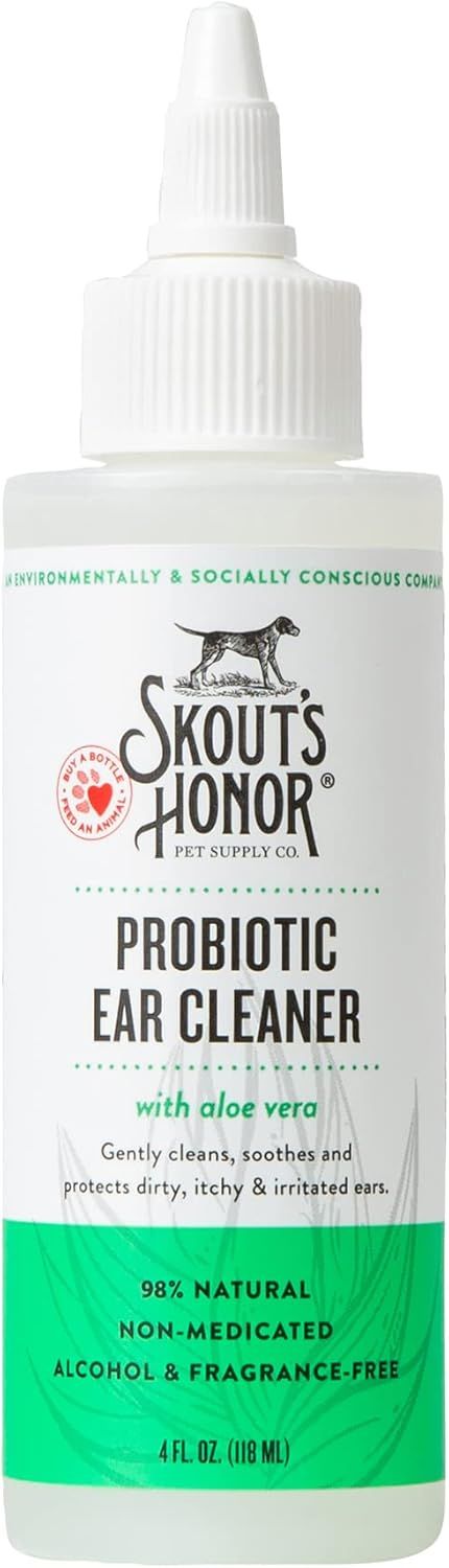 SKOUT'S HONOR Probiotic Dog Ear Cleaner Solution with Aloe Vera - Alcohol-Free, Fragrance-Free, Non-Medicated Ear Wash for Dogs - Microbiome Friendly Certified, 4 oz