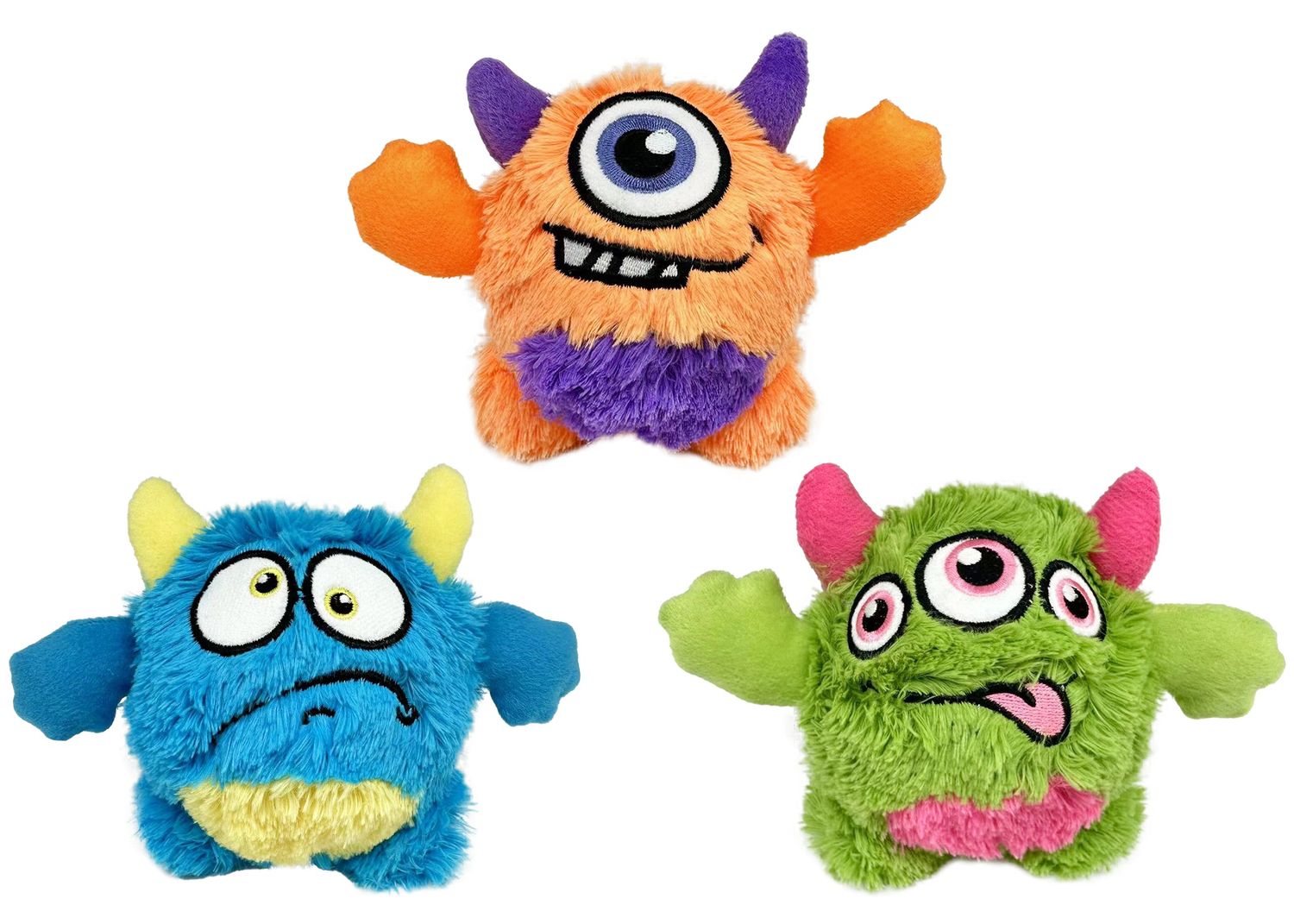 Multipet Oggle Monsters Assorted Colors Plush Squeaky Body Dog Toy 5 inches