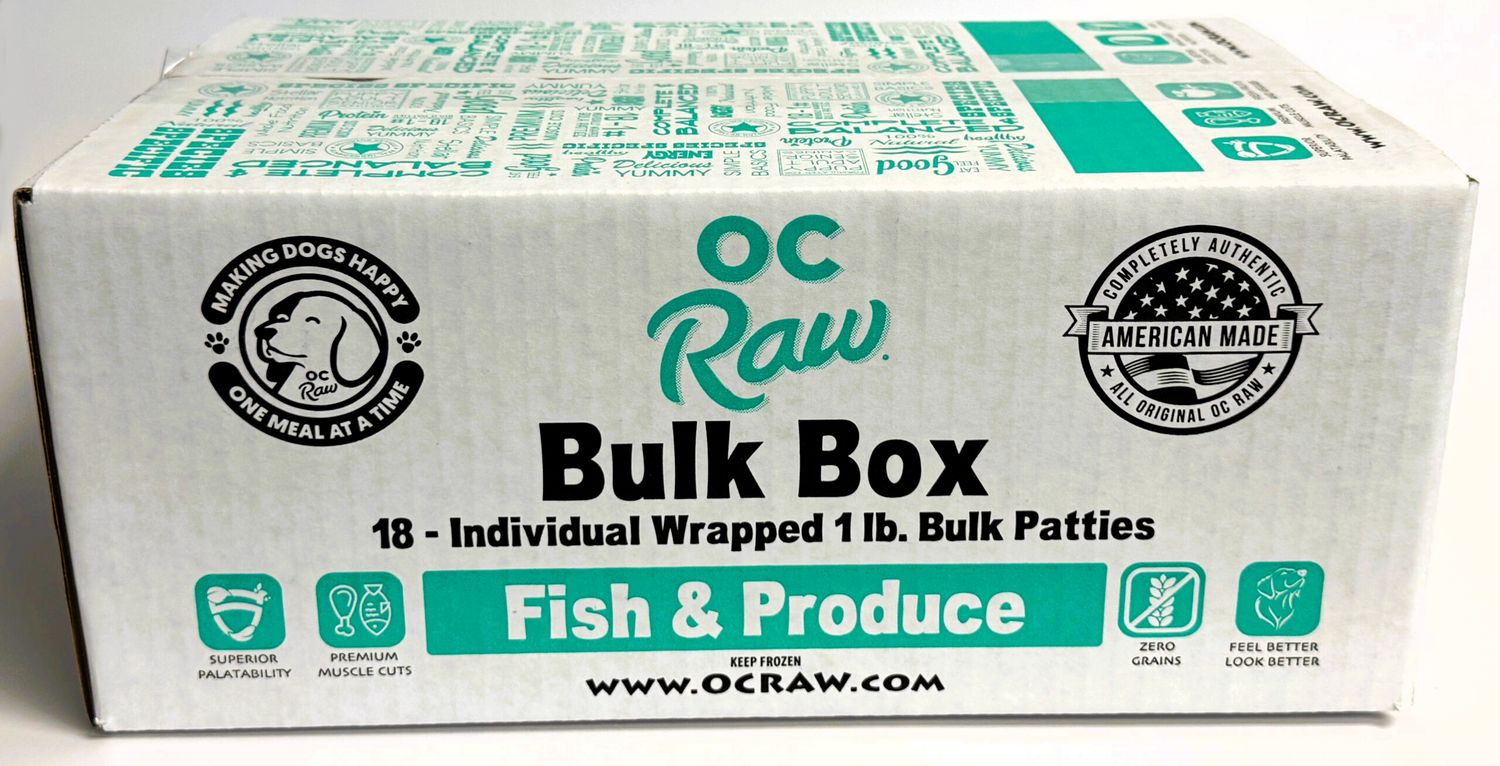OC Raw Fish &amp; Produce Recipe Frozen Raw Dog Food 1 Pound Patties 18 lbs Bulk Box