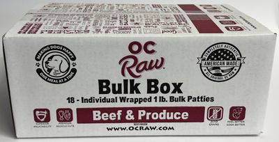 OC Raw Beef &amp; Produce Frozen Raw Dog Food 1 Pound Patties Bulk Box 18 lbs