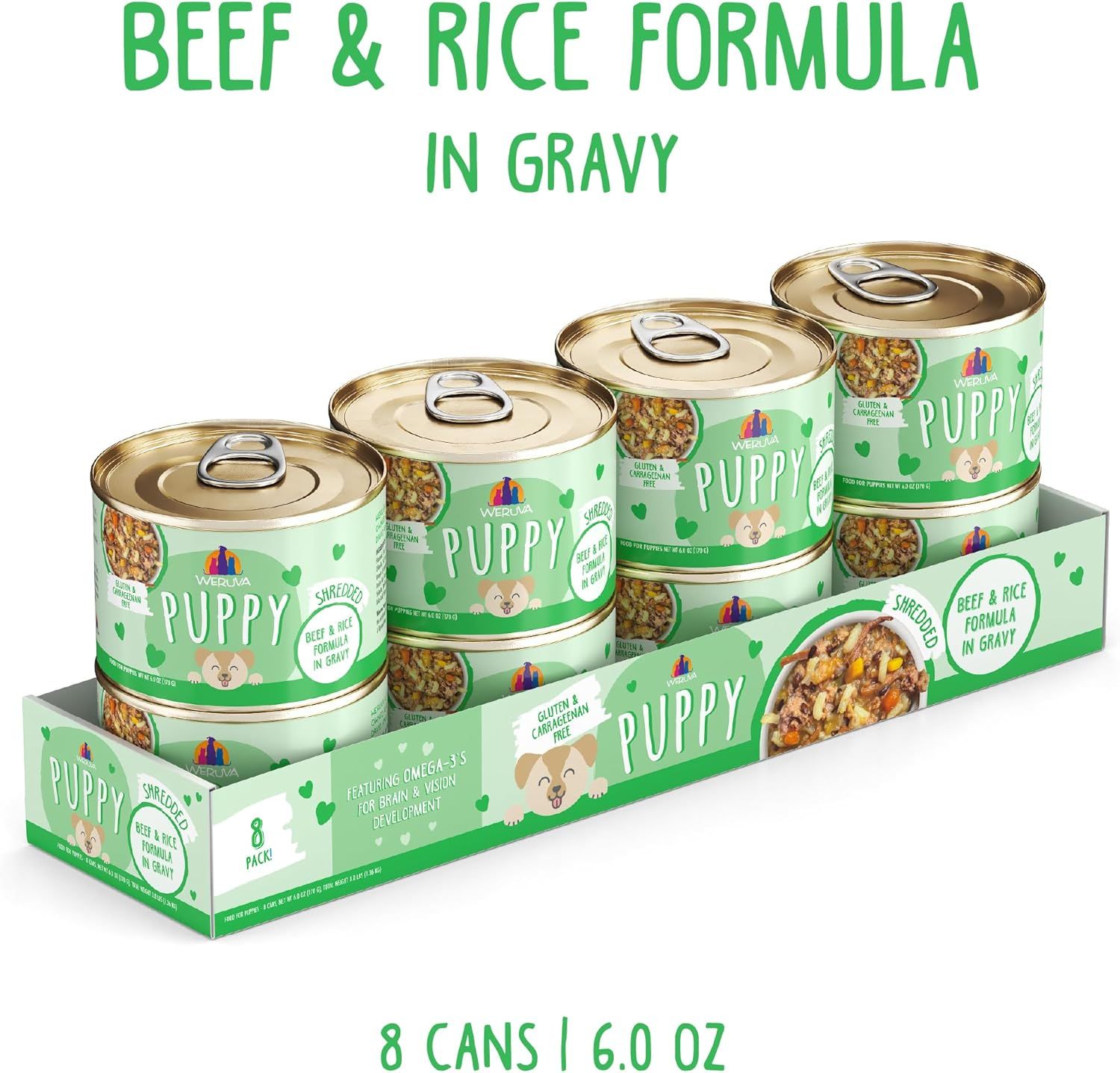 Weruva Puppy Shredded Beef &amp; Rice Formula in Gravy 6 oz Case of 8