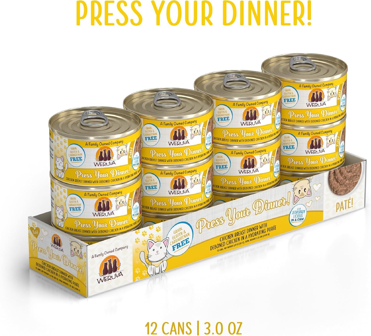 Weruva Press Your Dinner! Pâté! Chicken Breast Dinner with Deboned Chicken in a Hydrating Purée Cat Food Grain Free 3 oz Case of 12