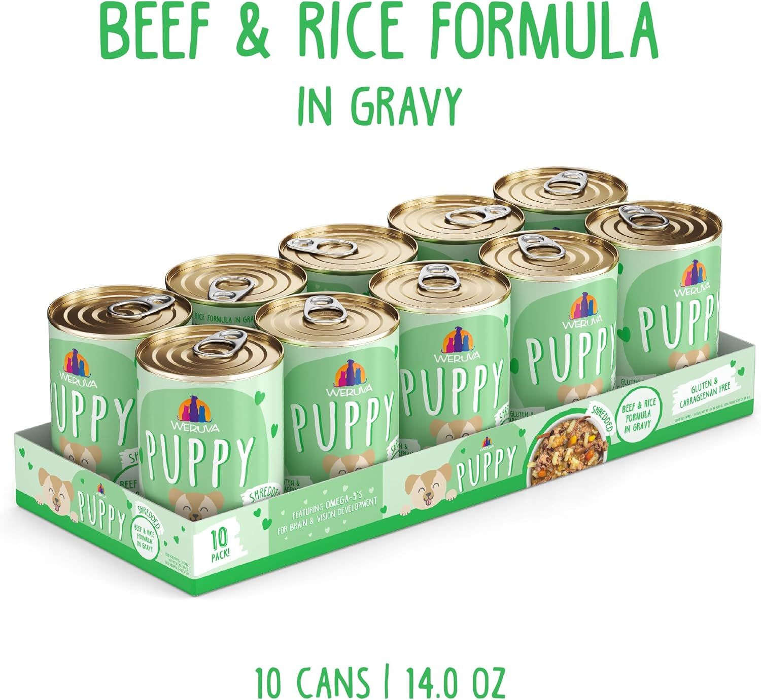 Weruva Puppy Shredded Beef &amp; Rice Formula in Gravy 14 oz Case of 10