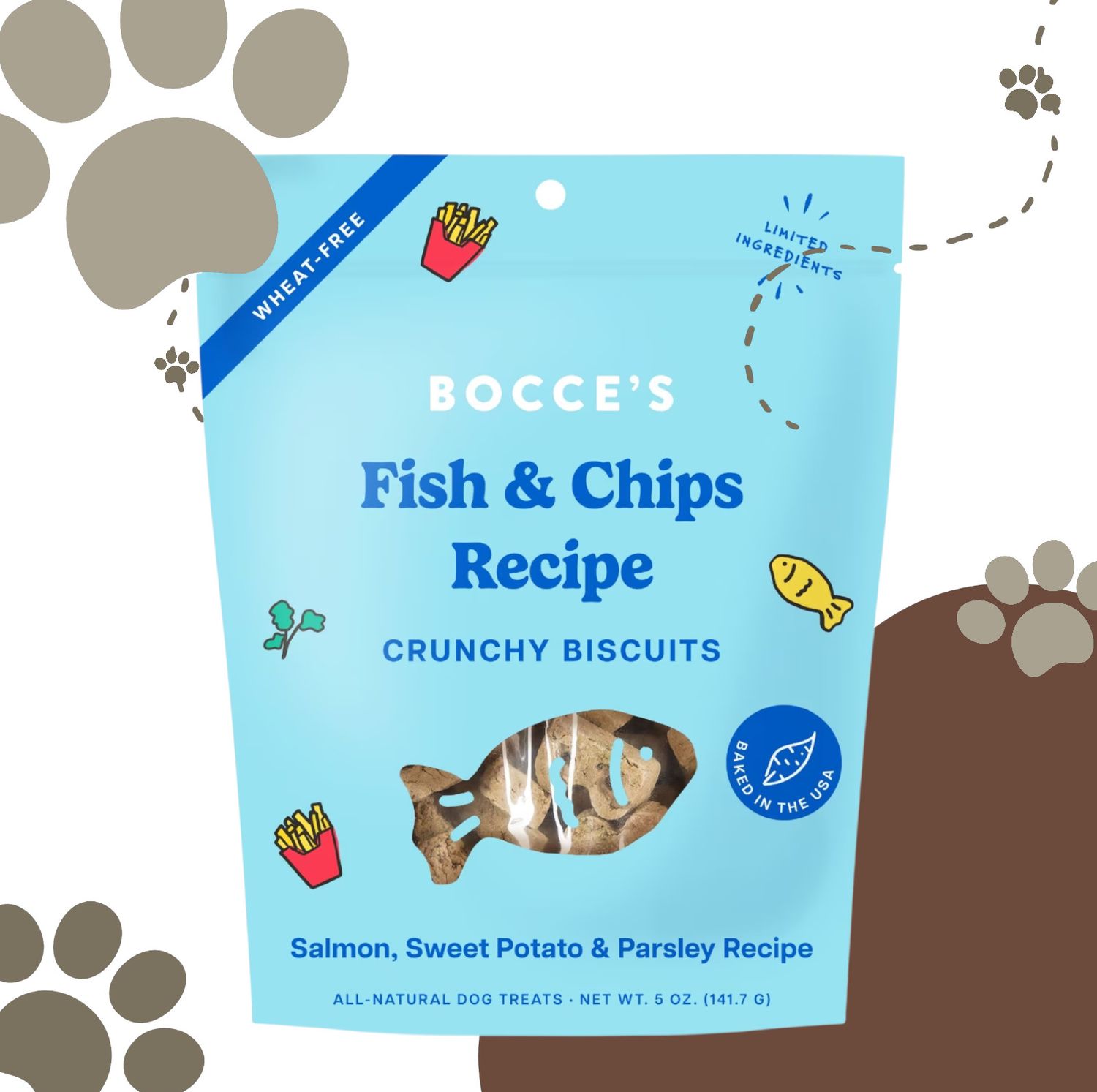 Bocce&#39;s Bakery Fish &amp; Chips Crunchy Biscuits Salmon,  Sweet Potato &amp; Parsley Recipe 5 oz
