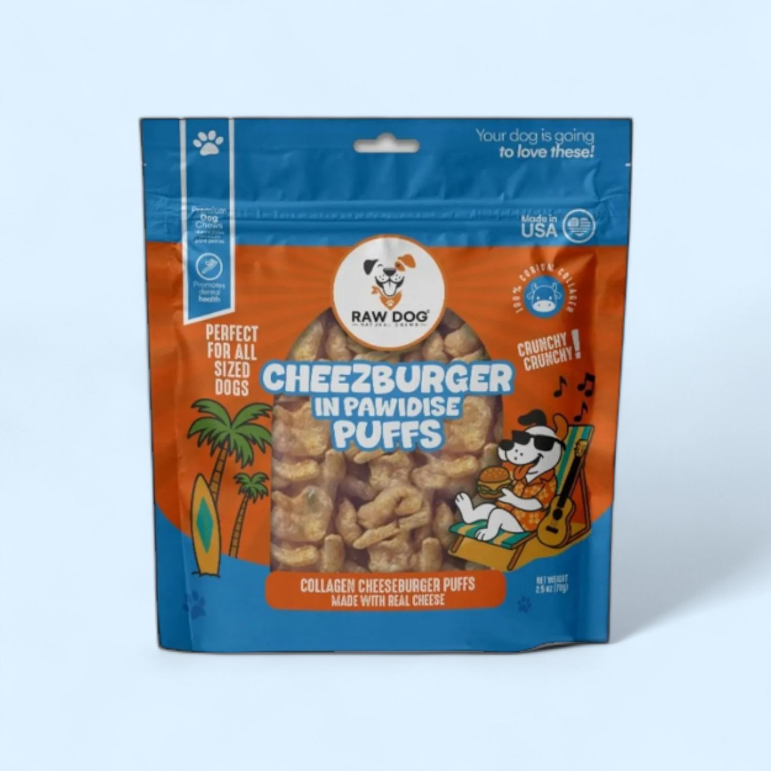 Raw Dog Natural Chews Beef Collagen Puffs Cheeseburger Flavor 2.5 oz