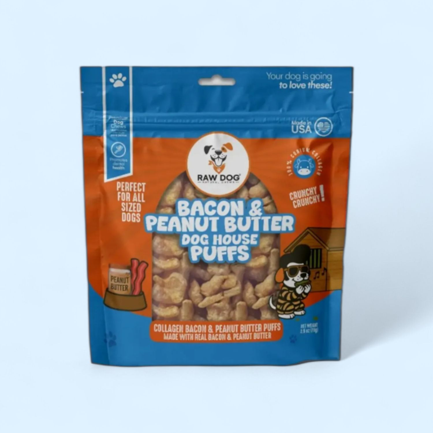 Raw Dog Natural Chews Beef Collagen Puffs Bacon &amp; Peanut Butter Flavor 2.5 oz