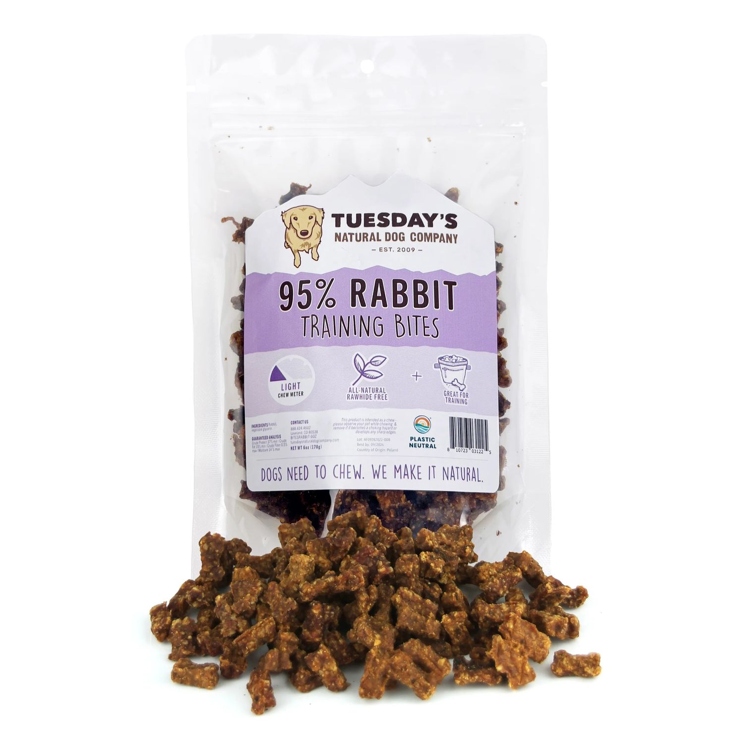 Tuesday's Natural Dog Company 95% Rabbit Training Bites Dog Treats 6 oz