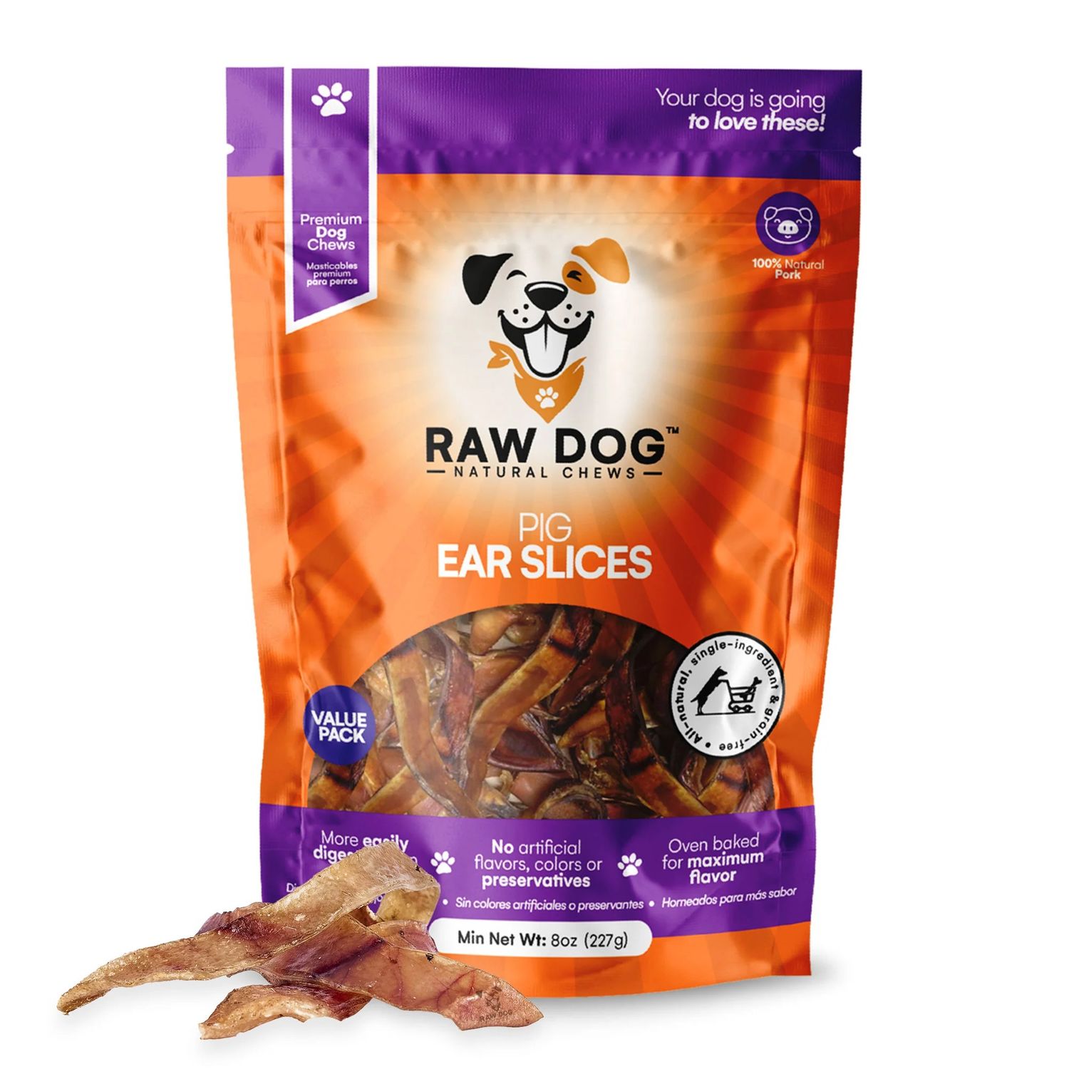 Raw Dog Natural Chews Pig Ear Slices Dog Treats 8 oz