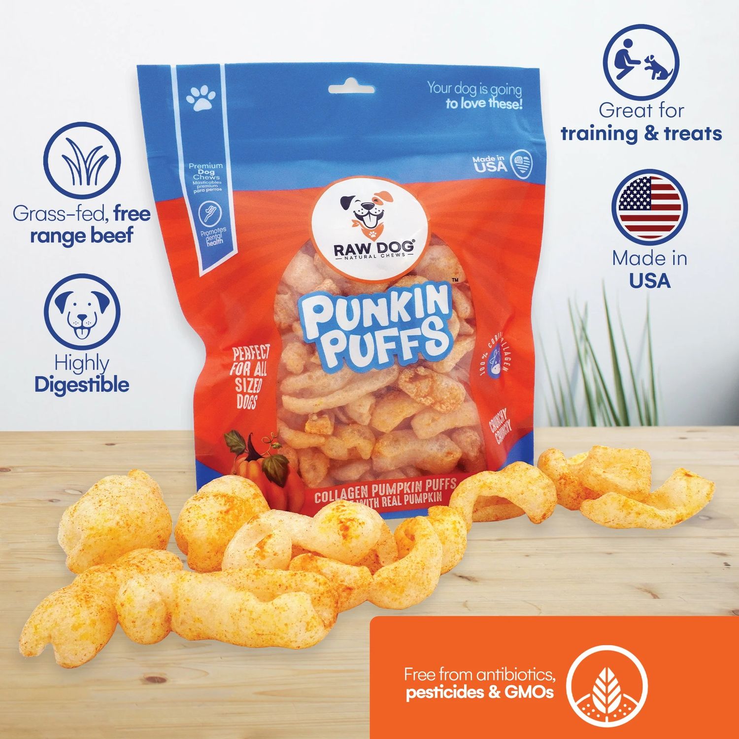 Raw Dog Natural Chews Beef Collagen Puffs Pumpkin Flavor 2.5 oz Bag