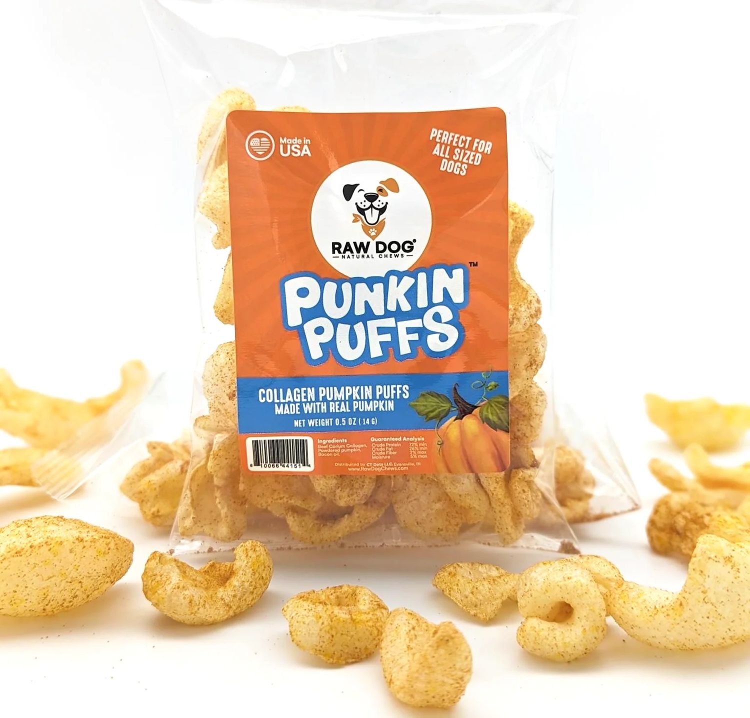 Raw Dog Natural Chews Beef Collagen Puffs Pumpkin Flavor 0.5 oz Bag