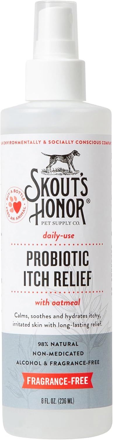 SKOUT'S HONOR Probiotic Itch Relief Spray for Pets - Non-Medicated, Fragrance-Free, Natural, Vegan, Long-Lasting Relief, with Soothing Aloe &amp; Avocado Oil, 8 oz
