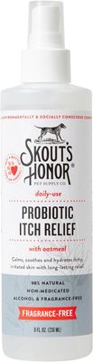 SKOUT'S HONOR Probiotic Itch Relief Spray for Pets - Non-Medicated, Fragrance-Free, Natural, Vegan, Long-Lasting Relief, with Soothing Aloe &amp; Avocado Oil, 8 oz