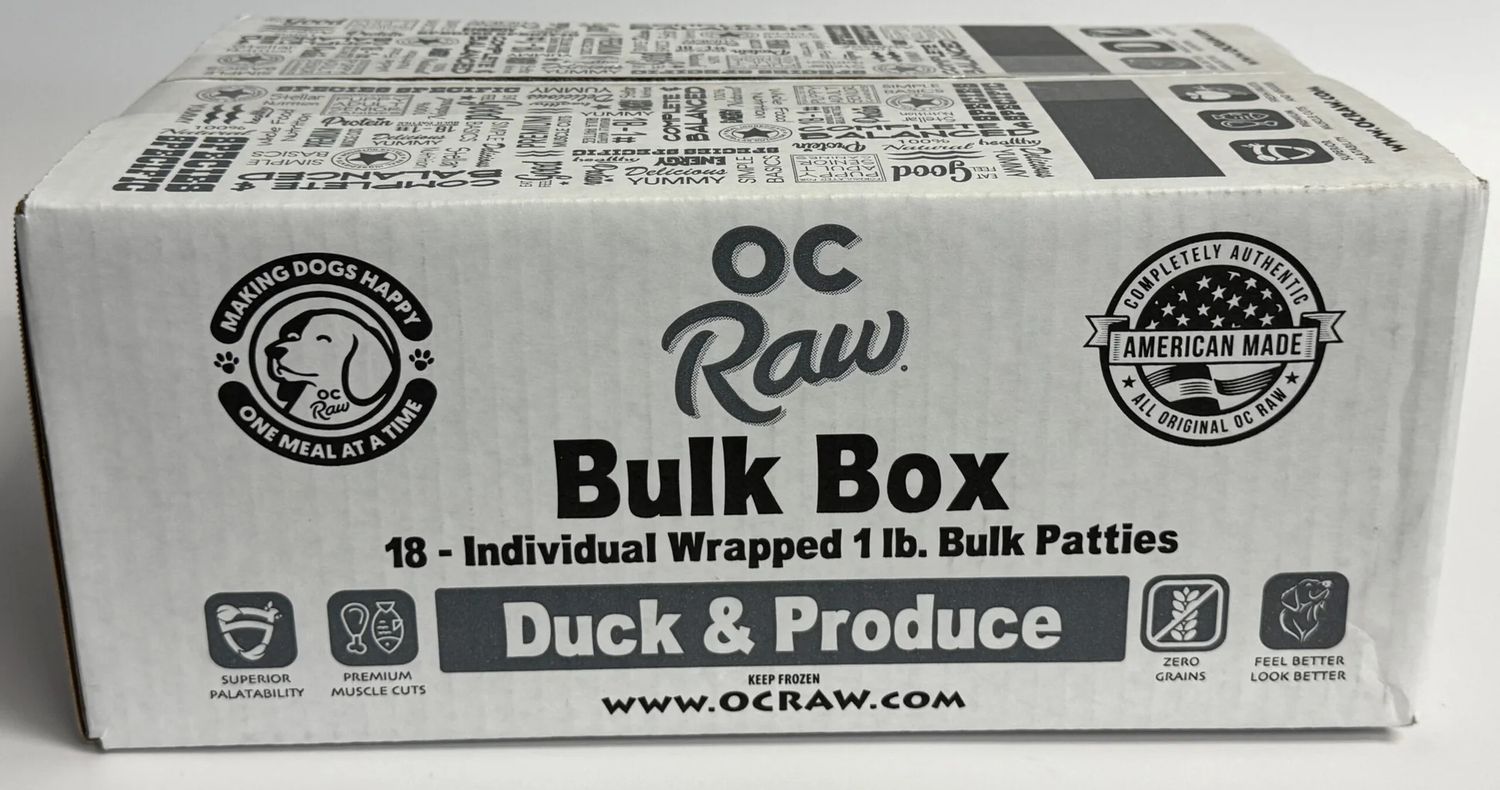 OC Raw Duck &amp; Produce Recipe Frozen Raw Dog Food 1 Pound Patties Bulk Box 18 lbs