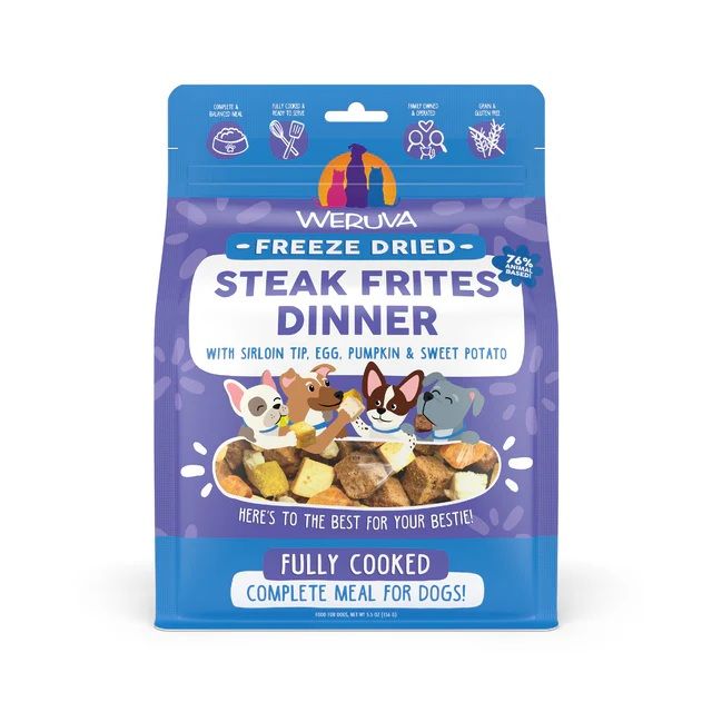 Weruva Freeze Dried Steak Frites Dinner with Sirloin Tip, Egg, Pumpkin &amp; Sweet Potato Dog Food 14 oz