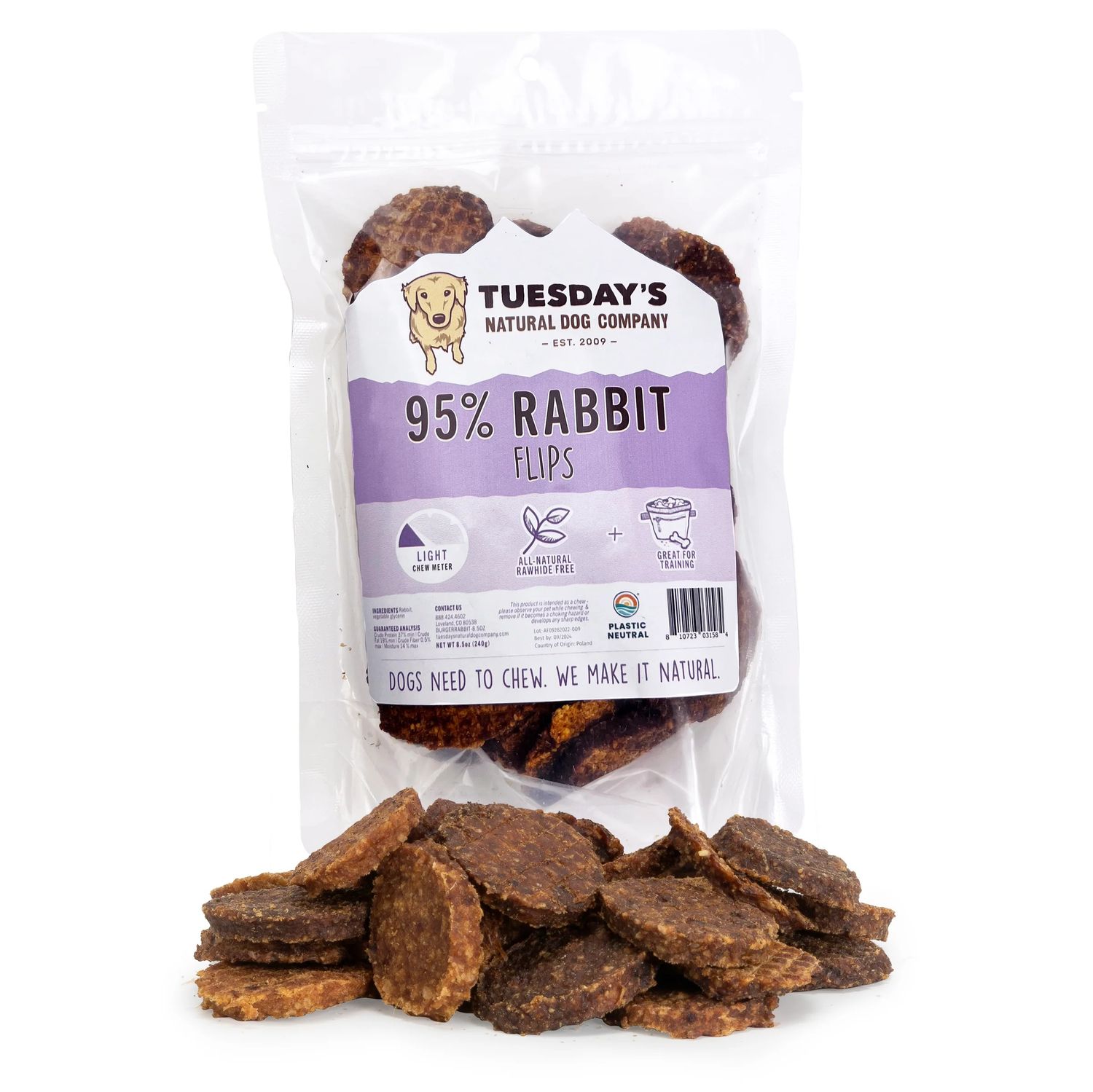 Tuesday's Natural 95% Rabbit Flips Dog Treats 8.5 oz