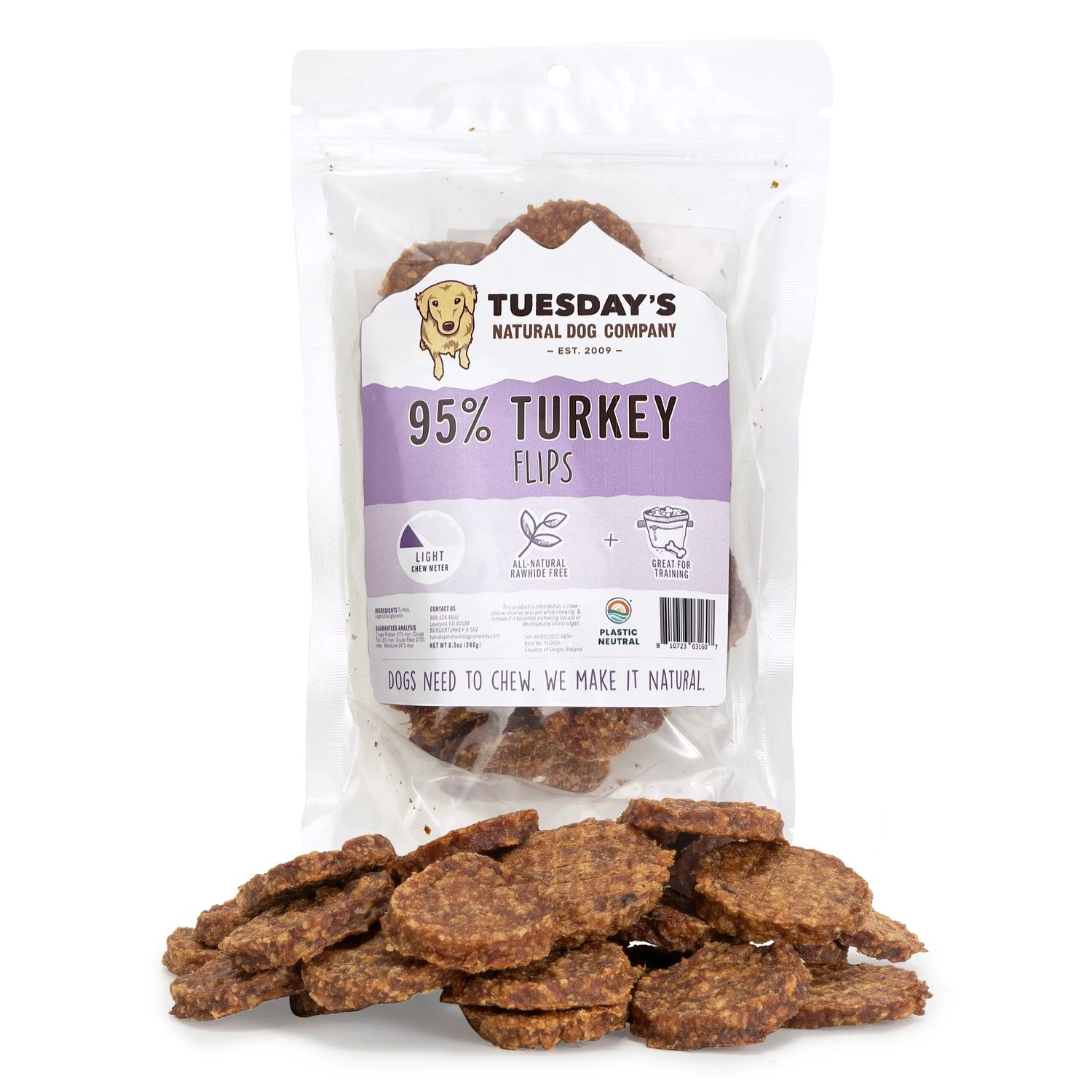 Tuesday's Natural 95% Turkey Flips Dog Treats 8.5 oz