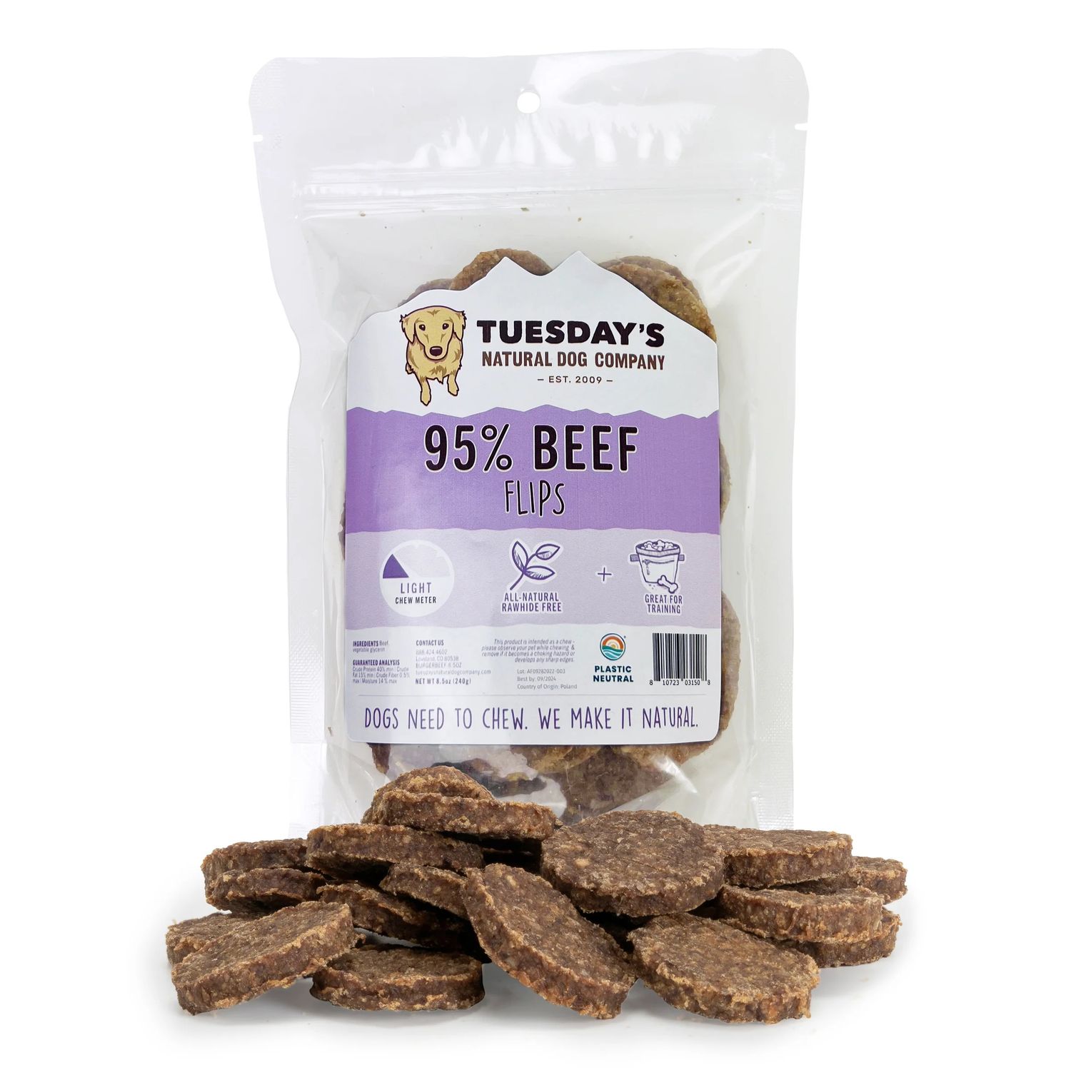 Tuesday's Natural 95% Beef Flips Dog Treats 8.5 oz