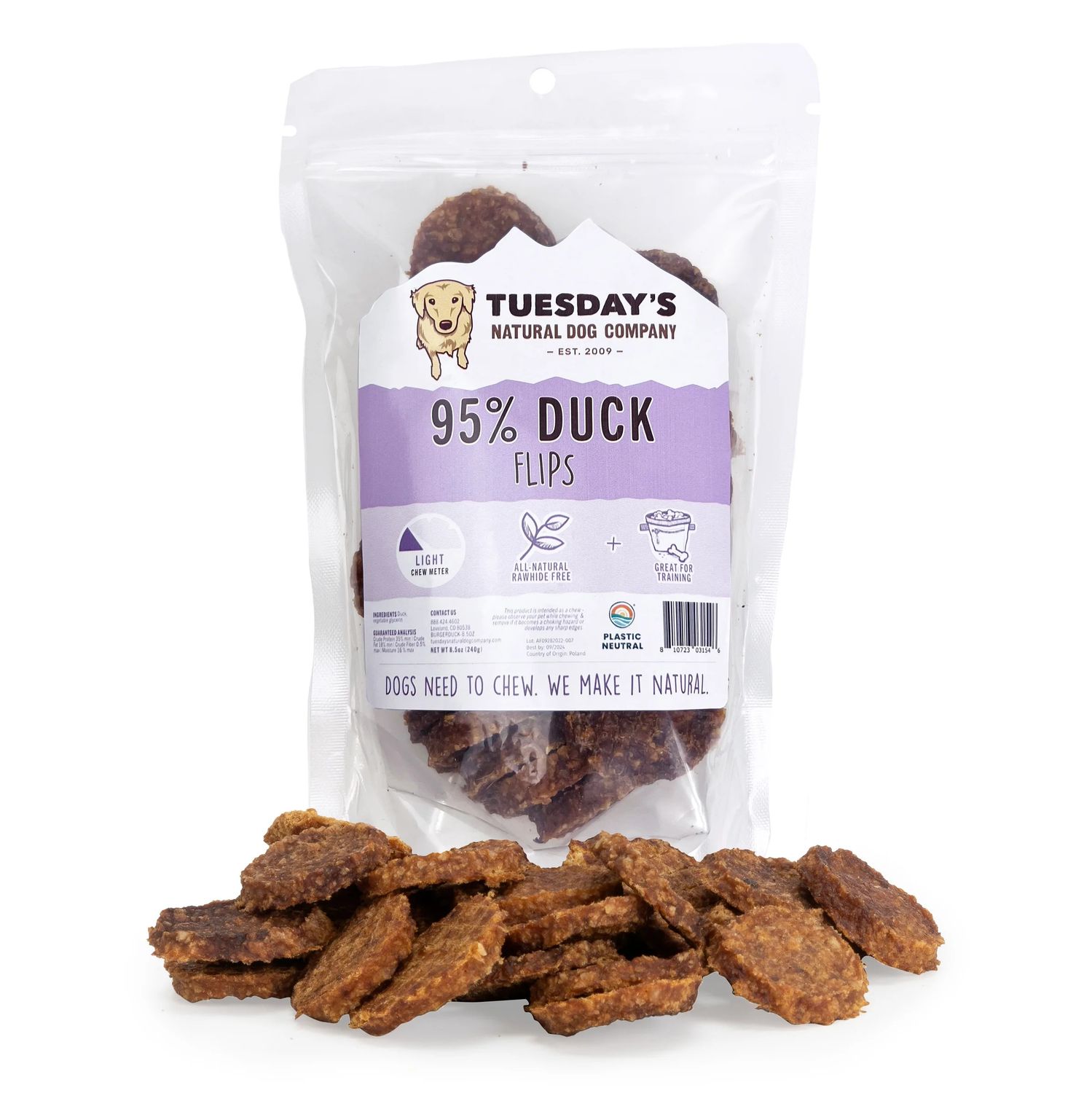Tuesday's Natural 95% Duck Flips Dog Treats 8.5 oz