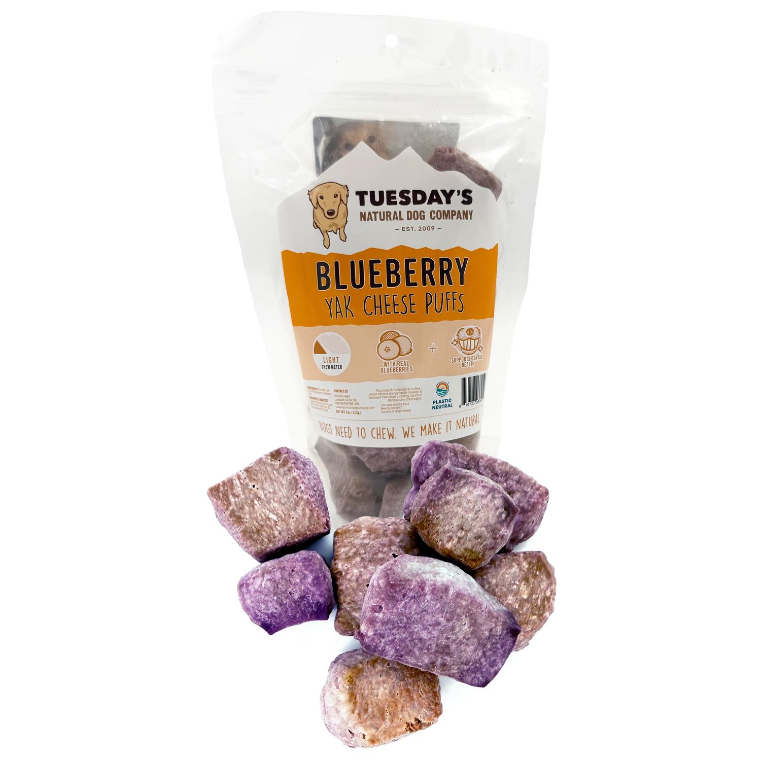 Tuesday's Natural Blueberry Yak Cheese Puffs Dog Treats 4 oz