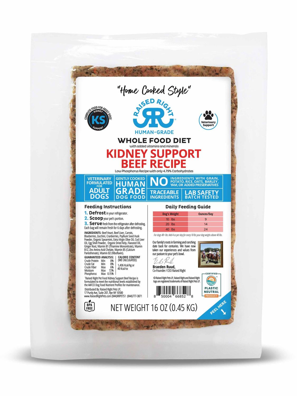 Raised Right Human Grade Gently Cooked Frozen Whole Food Veterinary Formulated Kidney Support Beef Recipe Dog Food 16 oz