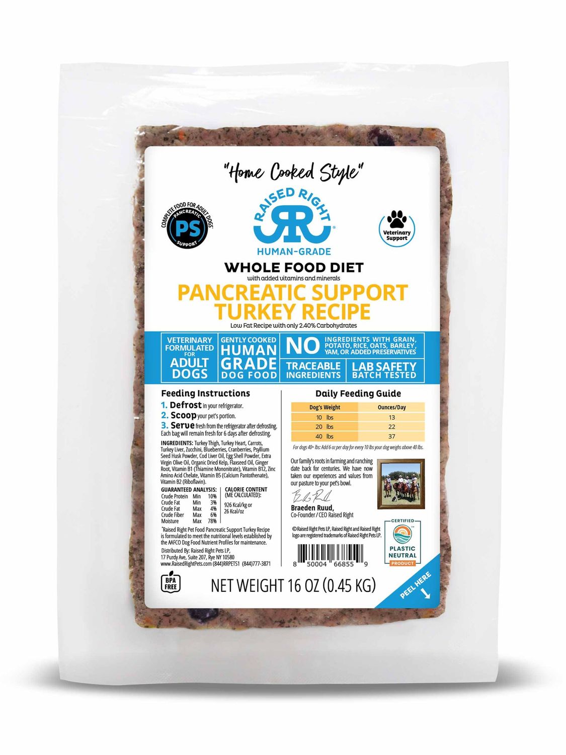 Raised Right Human Grade Gently Cooked Frozen Whole Food Veterinary Formulated Pancreatic Support Turkey Recipe Dog Food 16 oz