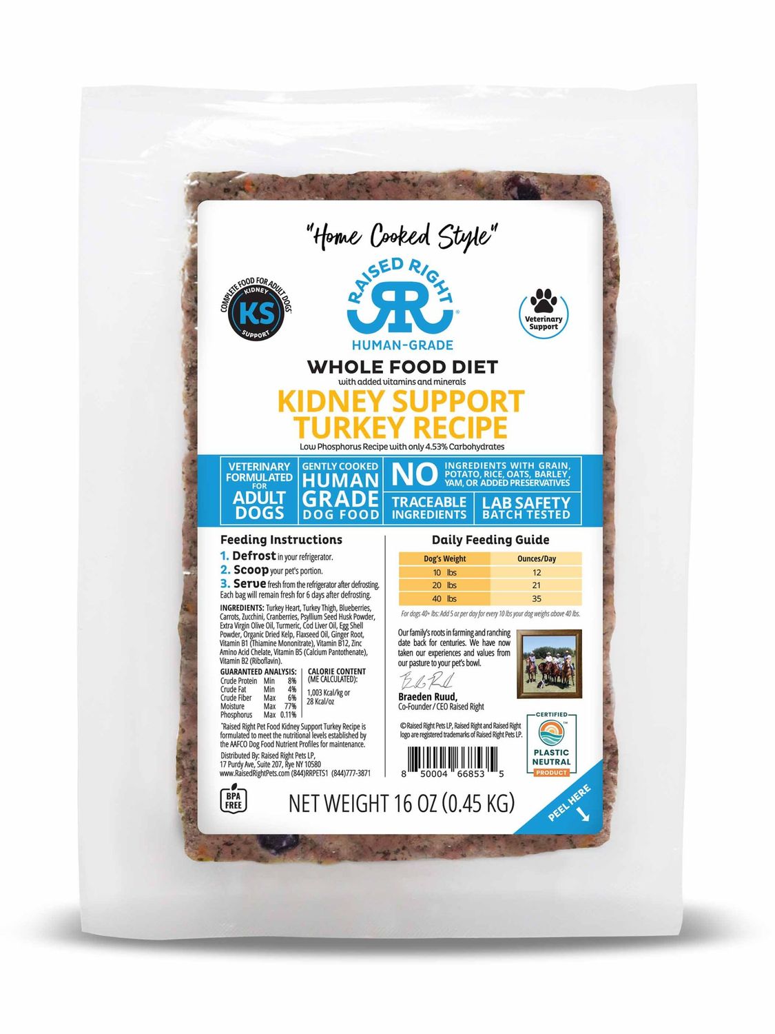 Raised Right Human Grade Gently Cooked Frozen Whole Food Veterinary Formulated Kidney Support Turkey Recipe Dog Food 16 oz
