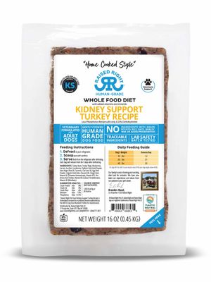 Raised Right Human Grade Gently Cooked Frozen Whole Food Veterinary Formulated Kidney Support Turkey Recipe Dog Food 16 oz