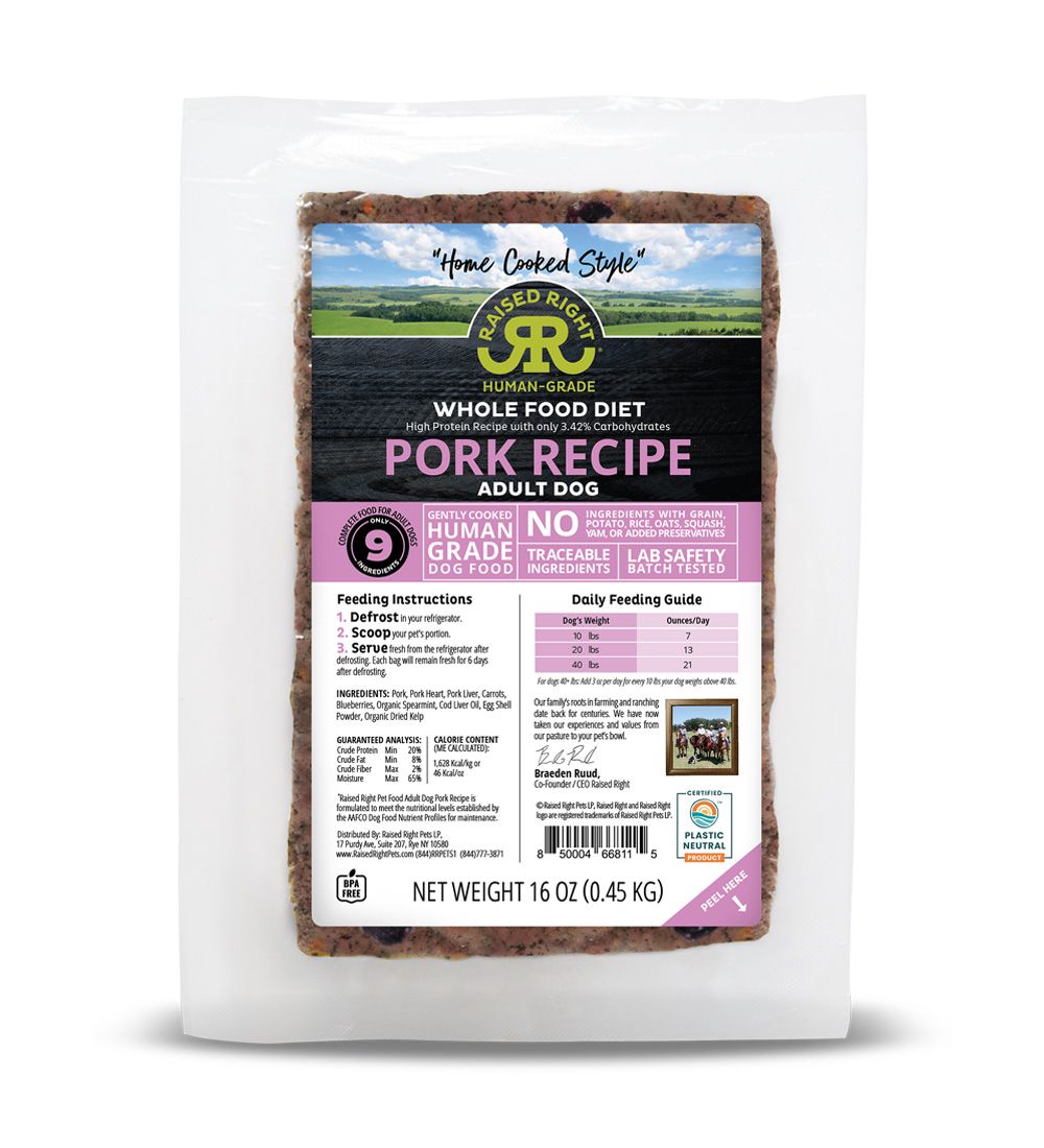 Raised Right Human Grade Gently Cooked Frozen Whole Food Original Pork Recipe Dog Food 16 oz