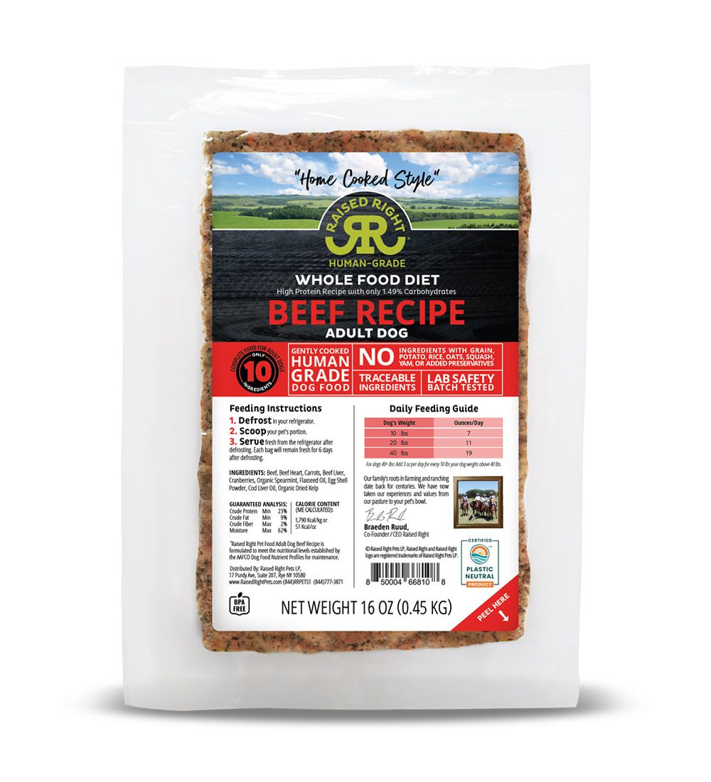 Raised Right Human Grade Gently Cooked Frozen Whole Food Original Beef Recipe Dog Food 16 oz