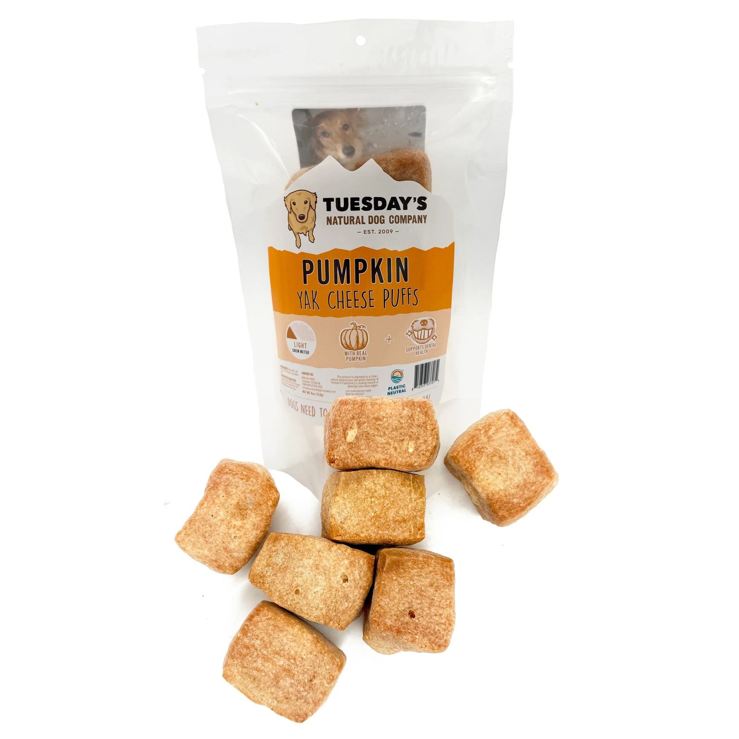 Tuesday's Natural Pumpkin Yak Cheese Puffs Dog Treats 4 oz