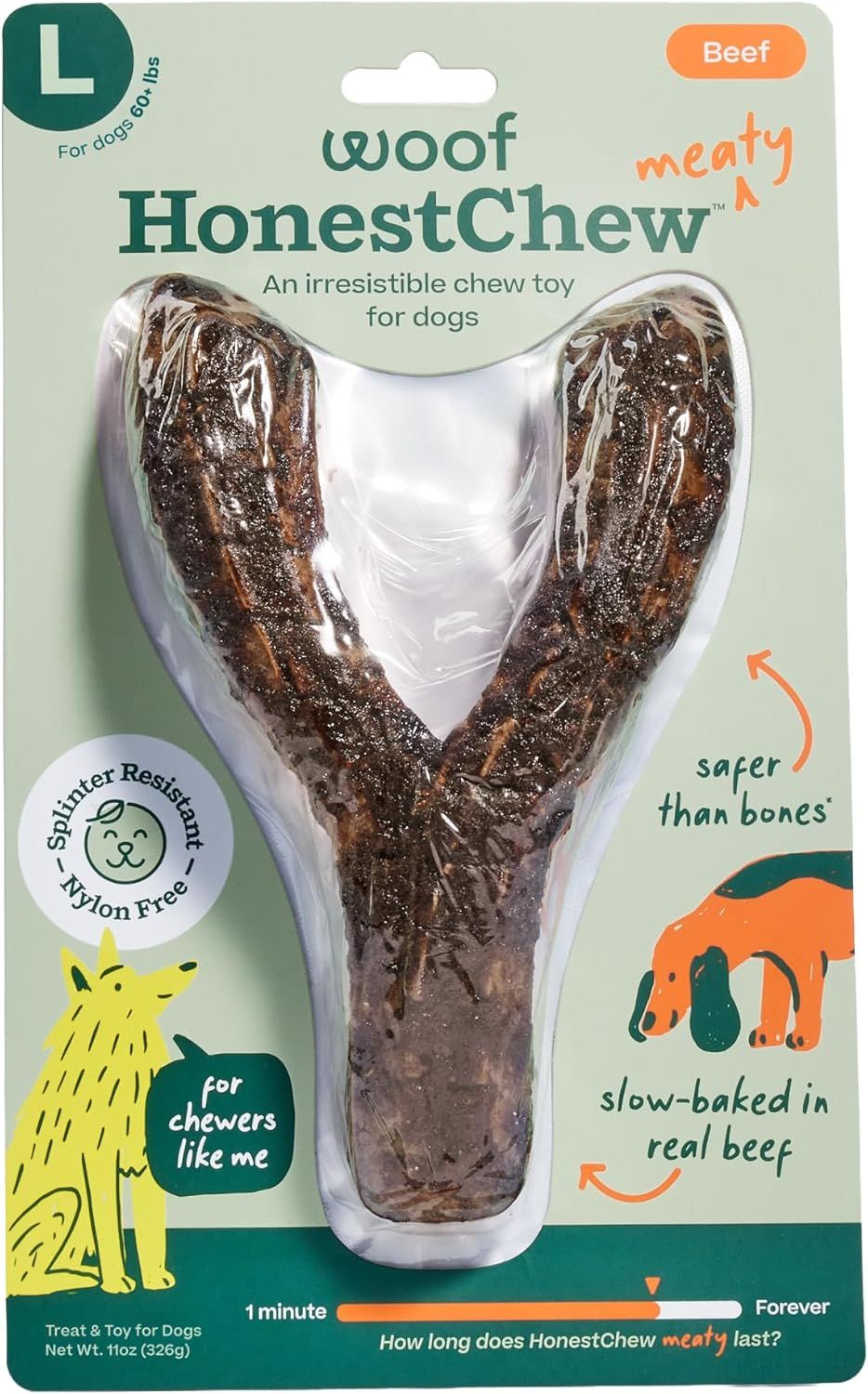 Woof Honest Chew Meaty Beef Y-Shaped Plant-based Dog Chew Bone with Meat Covering Large
